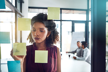 Image showing Thinking, strategy or black woman for business schedule planning, creative idea or marketing review in meeting. Corporate, glass post it sticky note or manager for analytics or project management