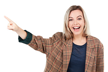 Image showing Happy, excited and portrait of a smiling woman pointing isolated on a white background in studio. Direction, advertisement and beautiful girl showing a recommendation or presenting on a backdrop