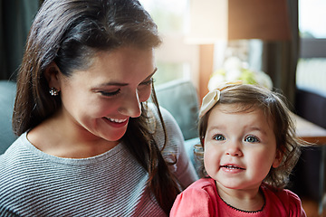 Image showing Relax, happy and smile with mother and baby on sofa for bonding, quality time and child development. Growth, support and trust with mom and daughter in family home for health, connection and care