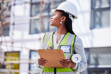 Image showing Architecture, checklist and project management with black woman at construction site for civil engineering, designer and building inspection. Industrial, vision and planning with construction worker