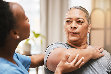 Image showing Physiotherapist consulting woman in physiotherapy for muscle, arthritis or stretching exercise, massage and breathing help. Physical therapy client, chiropractor and healthcare rehabilitation support