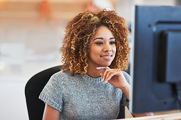 Image showing Email, connectivity and black woman with a computer for business, internet and corporate research. Online, work and African employee with a smile while reading executive information on the web