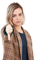 Image showing Thumbs down, fail and portrait of woman in studio isolated on white background. Face, dislike hand gesture and sad female model with failure emoji, bad or disagreement, rejection or negative review.