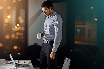 Image showing Laptop, coffee and night businessman reading feedback review of financial portfolio, stock market or investment. Online economy research, bokeh and crypto trader trading nft, forex or bitcoin mining