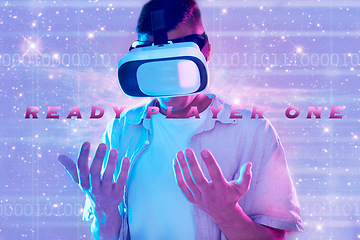 Image showing Universe, virtual reality and man in metaverse with 3d technology headset. Vr, futuristic neon or male player exploring galaxy cosmos, stars or aerospace while looking at hands in online fantasy game