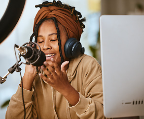 Image showing Communication, radio talk show and black woman, startup podcast presenter or speaker talking about teen culture. Girl live streaming, audio microphone and gen z influencer speaking about student news