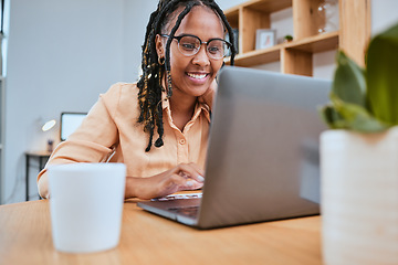 Image showing Laptop, research and report with a freelance black woman doing remote work online from her home office. Computer, small business and typing with a female employee or entrepreneur at work in a house