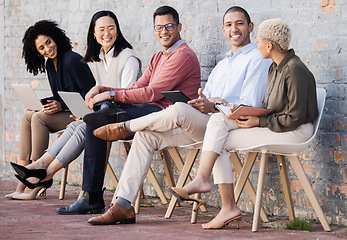 Image showing Business people, interview line and relax conversation with technology for meeting, recruitment or company hiring. Company hr, employee happiness and talking together with laptop or tablet in studio