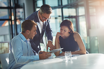 Image showing Meeting, planning and business people with tablet in office for marketing strategy, ideas and online project. Teamwork, collaboration and managers sitting at desk for goals, target and our vision