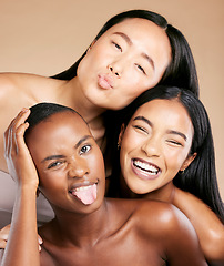Image showing Diversity, beauty and women in crazy portrait smile together, skincare friends on studio background. Health, wellness and luxury cosmetics for beautiful multicultural people in makeup with tongue out
