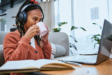 Image showing Research, education and woman with laptop and coffee for elearning, university work and virtual course. Email, web and online student with tea reading feedback on a project on a computer in a house