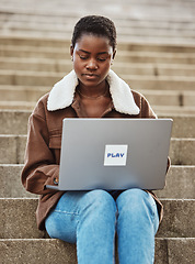 Image showing Education, black woman on stairs and laptop for college, online learning and focus outdoor. Nigerian female student, girl on steps and academic with pc, search internet and website reading for exams