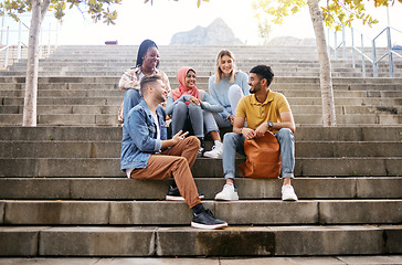 Image showing Relax, friends or students on stairs at break talking or speaking of future goals or education on campus. Diversity, school or happy young people in university or college bonding in fun conversation