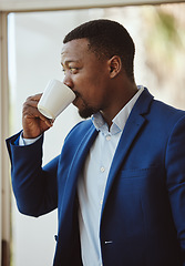 Image showing Thinking, black businessman or drinking coffee in airport lounge, hotel lobby or modern office building. Corporate worker, employee or manager with tea cup, innovation vision or company growth idea