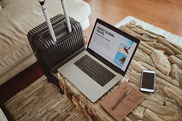 Image showing Laptop screen, travel website and suitcase background for vacation planning, hospitality marketing and hotel online blog advertising. Ux or ui web design, luggage and technology for contact us or faq