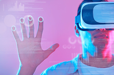 Image showing Hand, 3d futuristic and man in virtual reality exploring a cyber world. Digital transformation, metaverse and male touching ux button, data overlay or vr, graphics or software app on neon background.