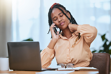 Image showing Black woman, laptop and phone call stress with neck pain for online communication, web deadline and frustrated working in home office. African girl, remote worker and injury talking on smartphone