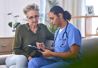 Image showing Healthcare, retirement and documents with a nurse and woman in consultation over treatment in a home. Medical, insurance and clipboard with a female medicine professional taking to a mature patient