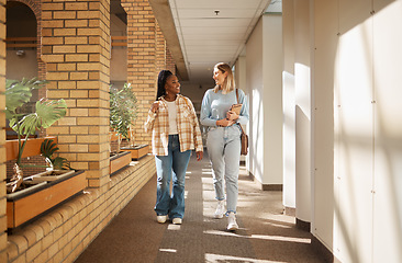 Image showing University, friends and women walking, talking and education in hall, conversation and bonding. Young females, girls and students have discussion, walk and share news on campus and happiness outdoor