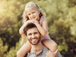 Image showing Portrait, father and girl on shoulders, outdoor and quality time for bonding, loving and happiness. Love, dad carry daughter and in nature for fun, playful and relax on weekend break, park and smile