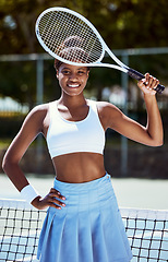 Image showing Black woman, tennis racket and outdoor portrait in summer with smile, sport training or fitness. Tennis court, happiness and tennis player girl for sports exercise, workout or sunshine in Los Angeles