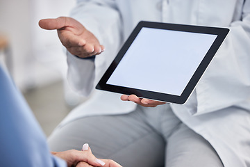 Image showing Health mockup with tablet, doctor and patient in consultation for healthcare, hands and communication with technology. Health insurance advertising with space, medical advice and help at hospital.