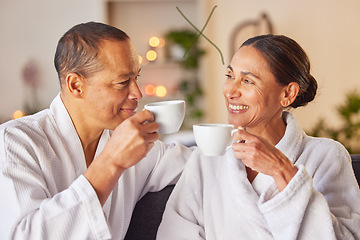 Image showing Coffee, love or old couple at spa to relax with freedom, calm peace or bond on a luxury holiday vacation. Wellness, smile or happy woman with a toast or cheers with a senior partner drinking tea