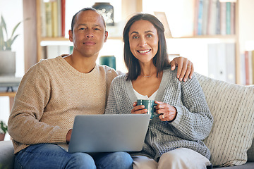 Image showing Love, laptop and portrait of couple relax on living room sofa, drinking coffee and working from home. Digital computer, tea and man writing freelance article for blog, online website or social media