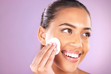 Image showing Skincare, beauty and woman with cotton pad on purple background for wellness, facial cleanse and dermatology. Aesthetic, luxury spa and face of girl for cosmetics, beauty products and makeup removal