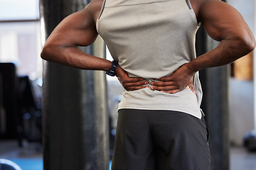 Image showing Black man, fitness or back pain in gym workout, exercise or training and body anatomy crisis, muscle burnout or spinal tension. Sports athlete, personal trainer or coach with injury or health problem