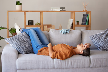 Image showing Tired cleaner woman, sleep and sofa to relax for fatigue, wellness and mental health after cleaning house. Hygiene expert, burnout and sleeping on living room couch for rest, health or stress in home