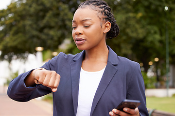 Image showing Black woman, phone and time management for business schedule while outdoor with a watch at a park waiting for a meeting or taxi. Professional entrepreneur late and worried while walking in a city