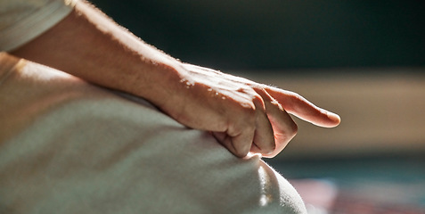 Image showing Hand, religion and islam with a muslim man in a mosque to pray in faith or belief in god during eid or ramadan. Holy, devoted and worship with a spiritual islamic male praying to allah while fasting