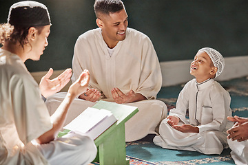 Image showing Muslim child, mosque and quran with teacher for spiritual learning, development or growth on carpet. Islamic teaching, man and boy for holy worship, book or reading for faith, islam or study in Qatar