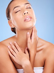 Image showing Self love, beauty cosmetics and skincare woman for spa marketing, dermatology and body glow on a blue background in studio. Luxury, self care and calm model advertising natural care for skin