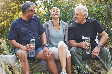 Image showing Nature, fitness and senior friends in conversation while sitting in the forest after hiking. Happiness, communication and elderly people talking, bonding and drinking water after outdoor exercise.