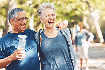 Image showing Fitness, funny or old couple of friends in nature laughing at a joke after training, walking or workout. Comic, support or happy senior woman bonding with elderly partner in interracial marriage