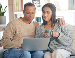 Image showing Movie, social media and senior couple with laptop for website, film and relax on the living room sofa with coffee. Internet, email and elderly man and woman with a pc for subscription tv show