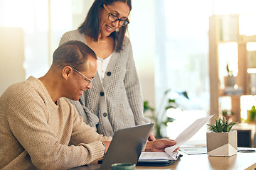 Image showing Love, retirement and senior couple with laptop, investment and pension fund planning. Retired, man and woman with search online, budget and paying debt for mortgage, insurance and finance growth.