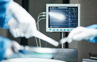 Image showing Electrocardiogram monitor, hands of doctors with scalpel for surgery, healthcare or medical support. Zoom, screen or nurse hand in theater for trust, insurance or surgeon in hospital operation room