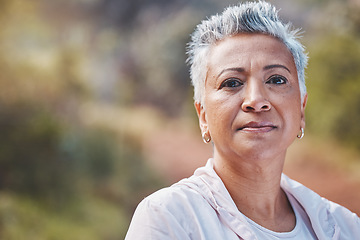 Image showing Face portrait, fitness and senior woman in nature ready for workout, exercise or training. Sports, park and retired elderly female preparing for running, exercising or jog for health and wellness.