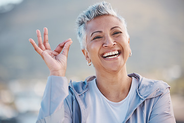 Image showing OK hand, fitness senior woman and nature portrait for exercise, wellness or workout success, trust and healthy elderly promotion. Yes sign, happy and retirement woman for sports or wellness journey