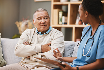 Image showing Consulting, medical and checklist with old man and nurse for retirement, rehabilitation or physical therapy. Help, empathy and healing with patient and black woman in nursing home for healthcare exam