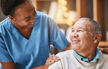 Image showing Help, support and medical with nurse and old man for retirement, rehabilitation or healing. Empathy, physical therapy and healthcare with patient and black woman in nursing home for caregiver service