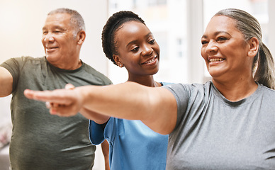 Image showing Physiotherapy, nurse and elderly couple with exercise, smile and teamwork goal for health, wellness and home. Physiotherapist, black woman and training with rehabilitation group, workout and happy