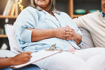 Image showing Therapy, clipboard and senior couple on sofa for discussion, conversation and counseling with therapist. Marriage problem, psychology and hands of people with notes for relationship consultation