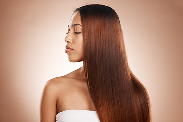 Image showing Hair care, salon keratin and woman marketing long hair, hairdresser shine and healthy hairstyle on a studio background. Cosmetics, shampoo and model with healthy hair from a treatment on hair