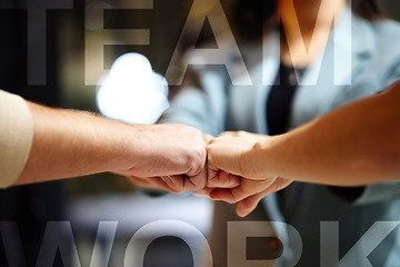 Image showing Teamwork, hands and fist together for collaboration, partnership and corporate deal. Team, hand and employees with business achievement, project and company target, success and staff for teambuilding