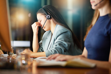 Image showing Headache, anxiety and call center woman on computer telemarketing fail, stress or burnout in global, virtual customer support. Tired, fatigue financial advisor or consultant frustrated, angry or sad