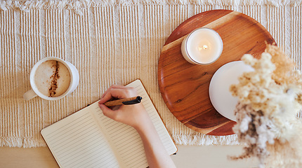 Image showing Coffee, hand and writing in journal top view with candle for calm, peace and relax morning routine. Woman, notebook and diary planning goals, lifestyle motivation or creative writer with warm drink